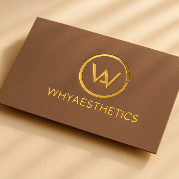 Foil business cards with Why Aesthetics gold foil design