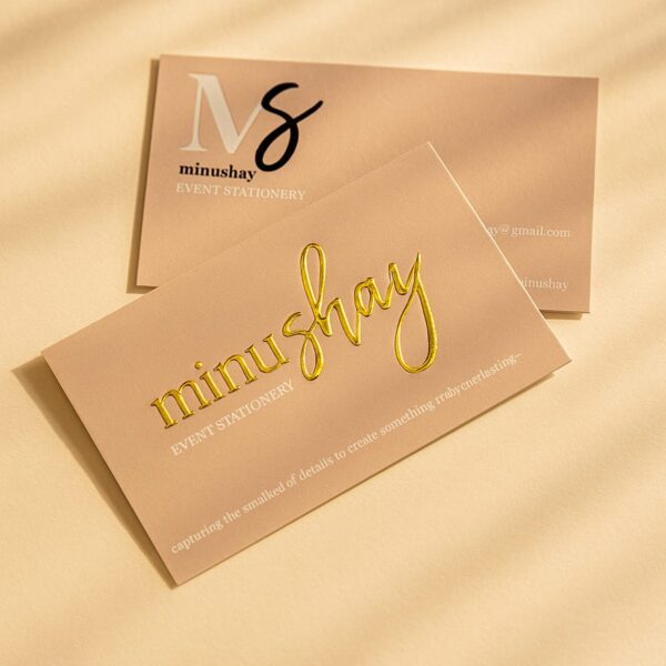 Gold foil business cards with Minushay event stationery design