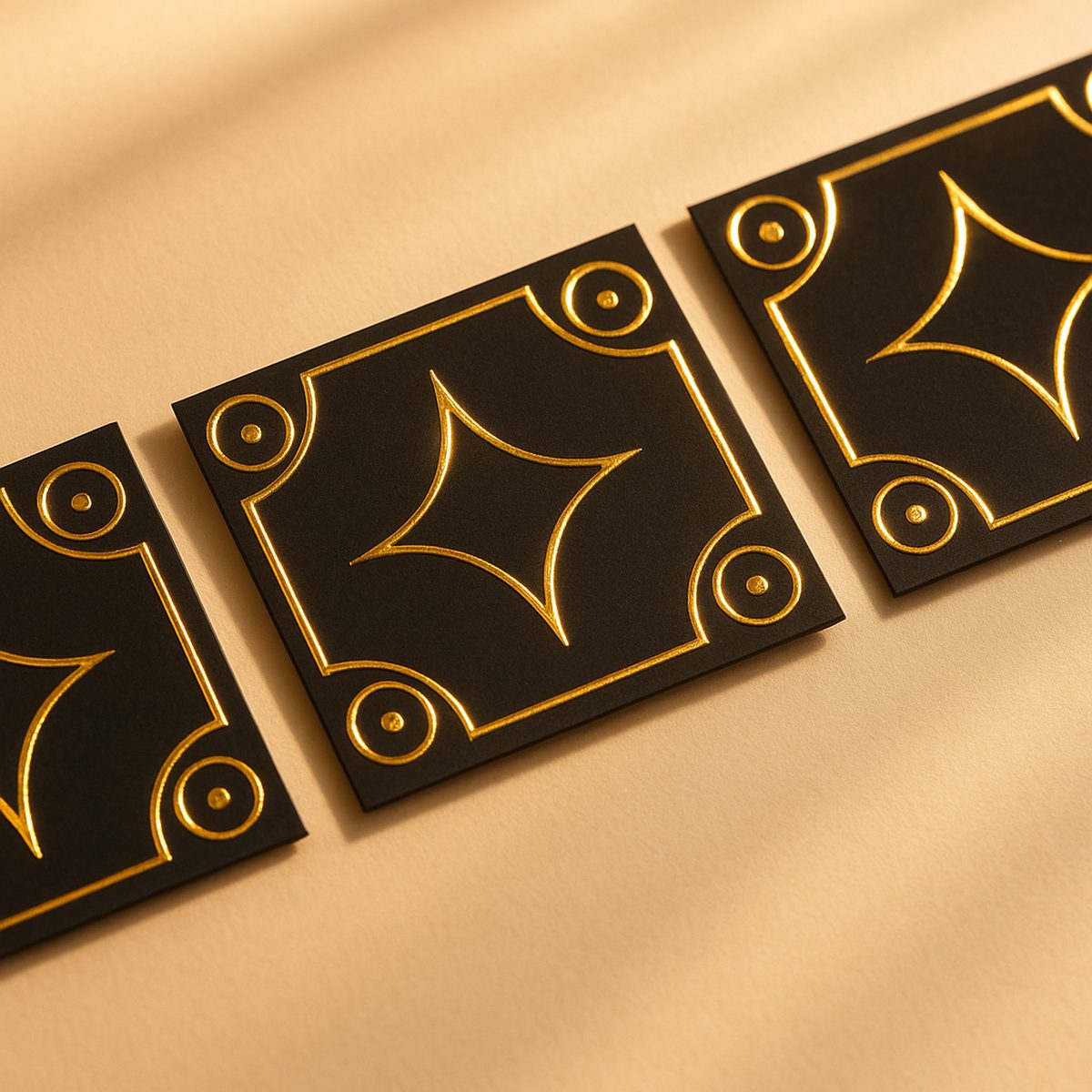 Square gold foil business cards with geometric pattern